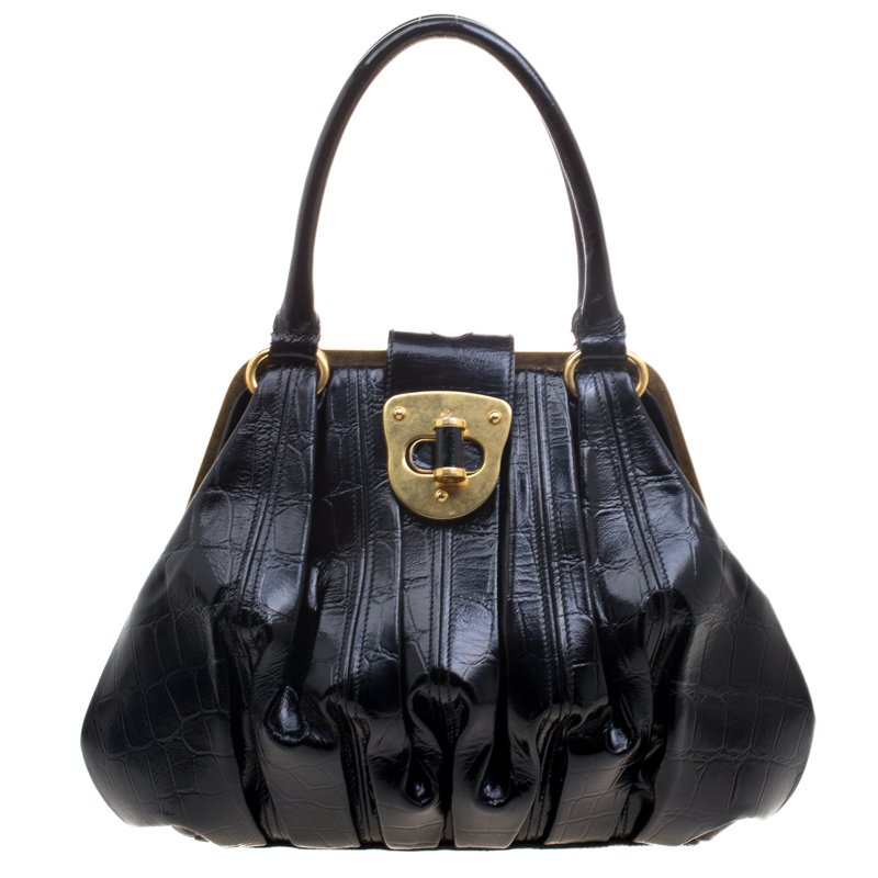 Alexander McQueen Black Croc Embossed Patent Leather Elvie Satchel