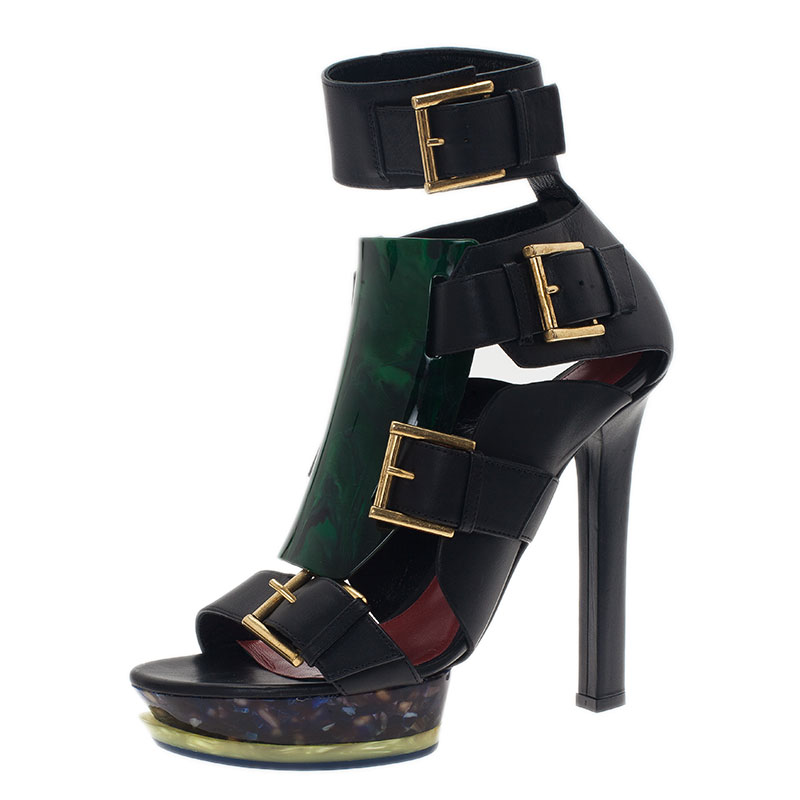 Pre Owned Alexander McQueen Black Plexi Plaque Strappy Platform Sandals Size 38