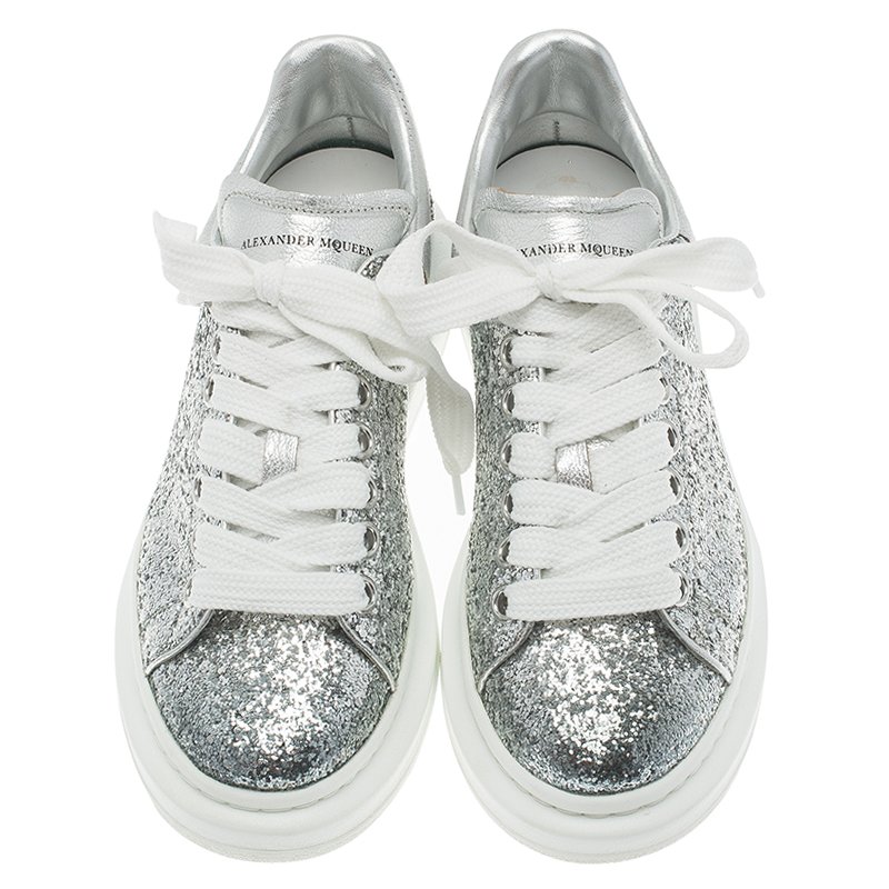 Alexander McQueen Silver Glitter Platform Lace Up Sneakers Size 37 ...