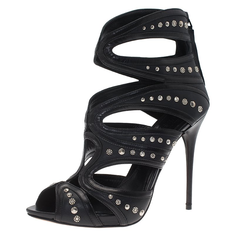 Pre Owned Alexander McQueen Black Studded Leather Cutout Sandals Size 37