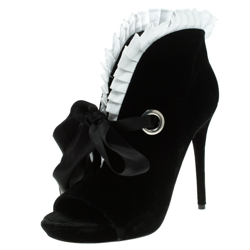 Pre Owned Alexander McQueen Black Velvet Frill Detail Open Toe Ankle Boots Size 38.5