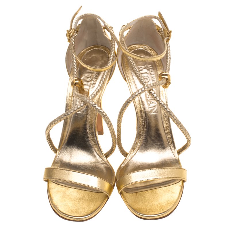 Alexander McQueen Gold Metallic Leather Skull Detail Sandals Size 39 ...