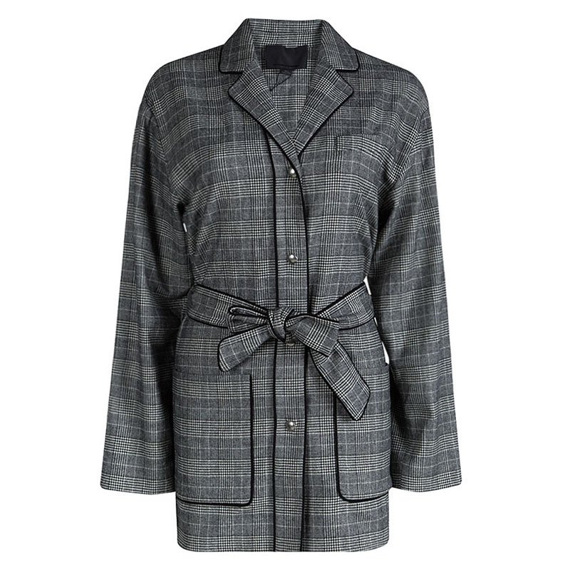 Alexander Wang Monochrome Glen Plaid Belted Long Jacket S