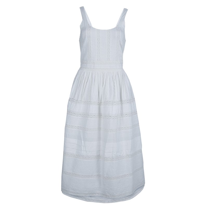 Pre Owned Alice + Olivia Myrtle White Lace Insert Pintucked Sleevless Cotton Dress M