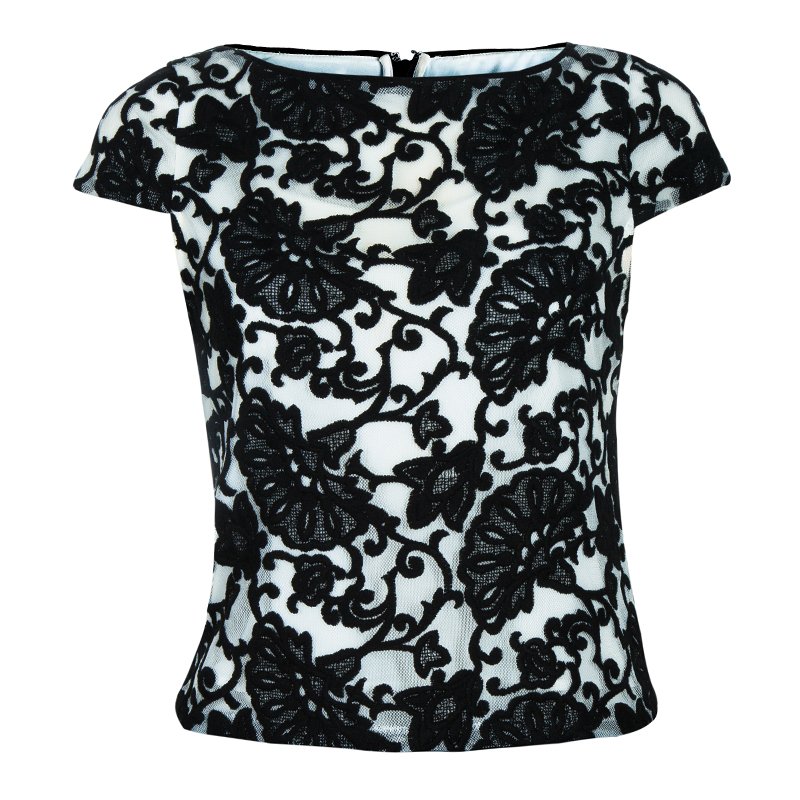 Pre Owned Alice + Olivia Connie Black and White Embroidered Top XS