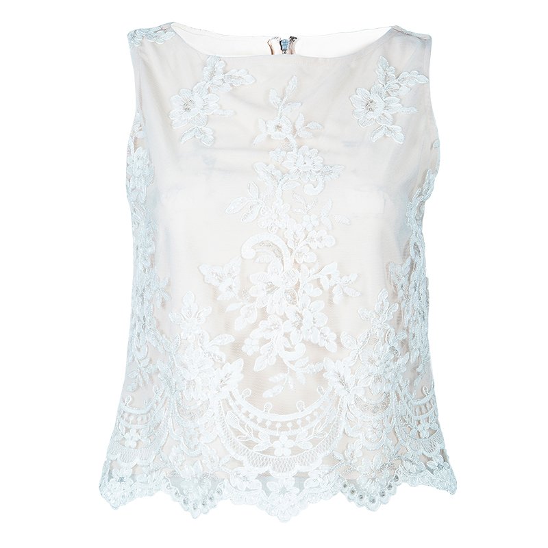 Pre Owned Alice and Olivia Cream Embroidered Sleeveless Top XS