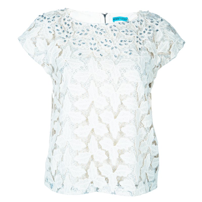 Pre Owned Alice + Olivia Hilary Cream Embroidered Top S
