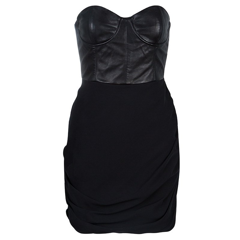 Pre Owned Alice + Olivia Roxanna Black Leather Bustier Gathered Dress M