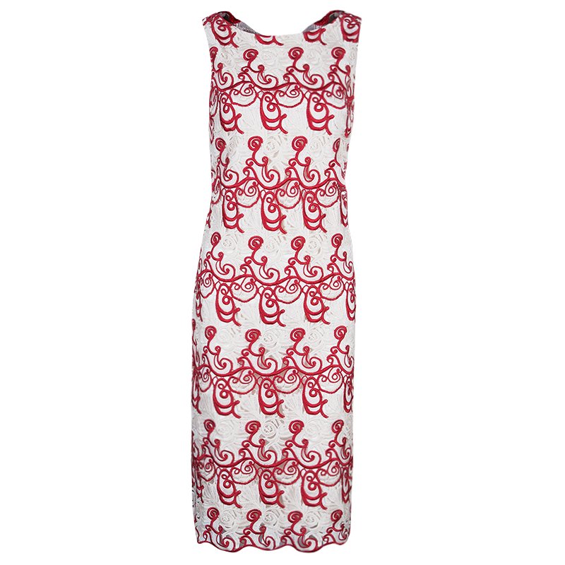 Pre Owned Alice + Olivia Red and Cream Embroidered Dress M