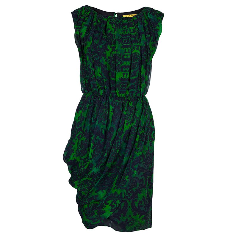 Alice + Olivia Beckett Green and Blue Printed Silk Gathered Dress S