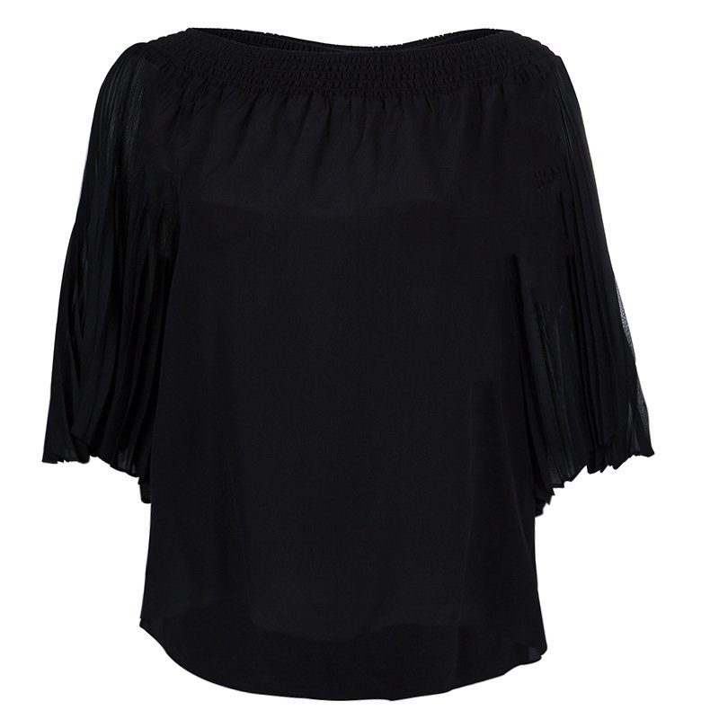 Pre Owned Alice + Olivia Black Silk Smocked Pleated Sleeve Detail Off Shoulder Blouse S