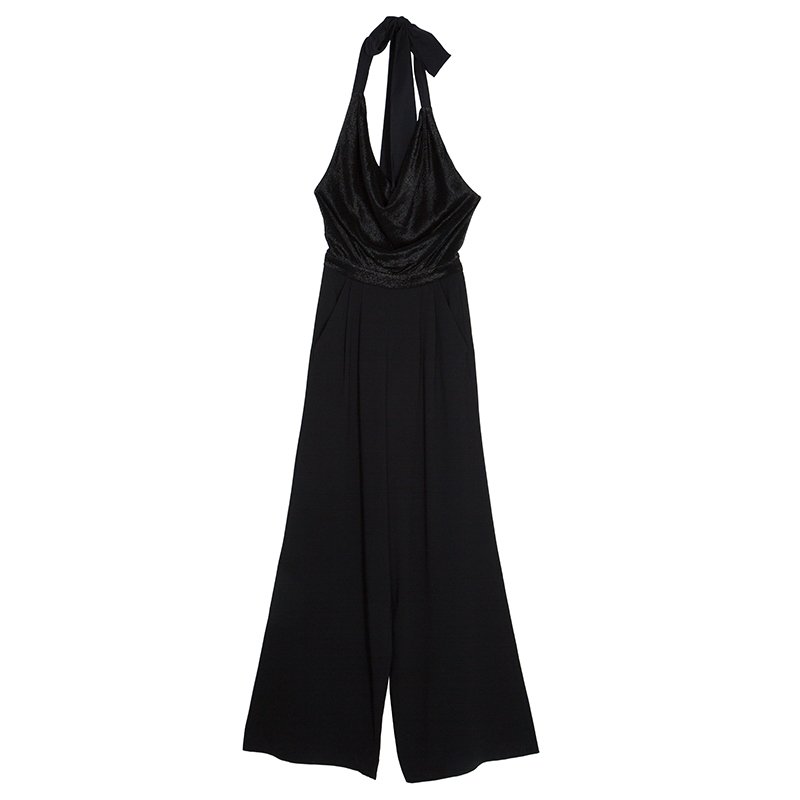 Alice + Olivia Black Draped Front Halter Jumpsuit XS