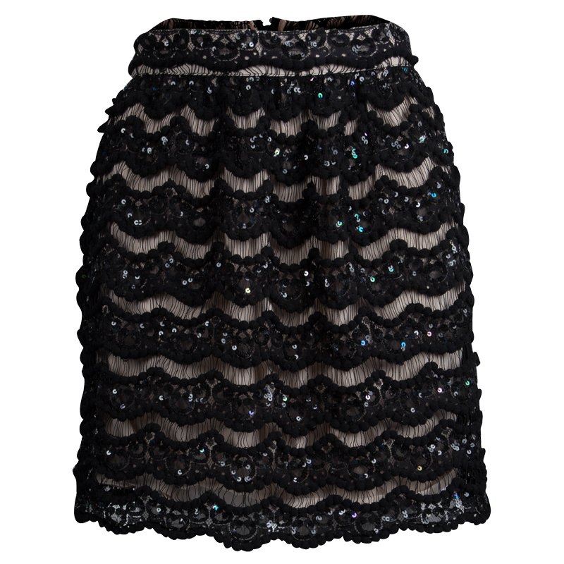 Alice + Olivia Black Sequin Embellished Lace Overlay Skirt S