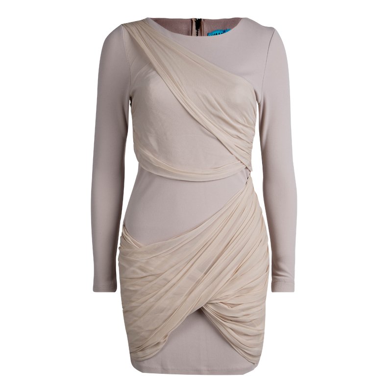 Alice + Olivia Beige Knit Draped Panel Detail Long Sleeve Dress M