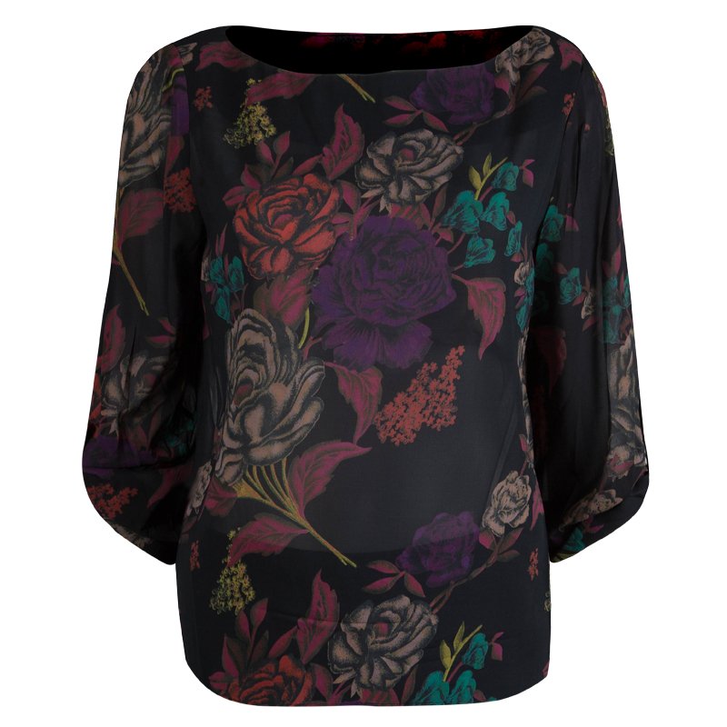 Pre Owned Alice + Olivia Black Floral Printed Long Sleeve Sheer Blouse M