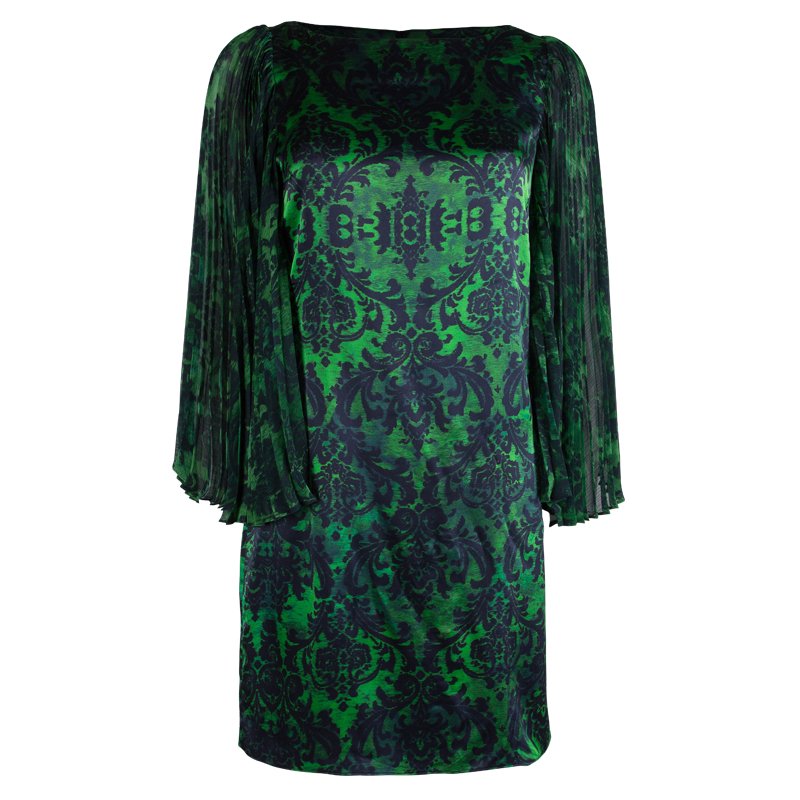 Pre Owned Alice + Olivia Green Printed Silk Plisse Sleeve Shift Dress S