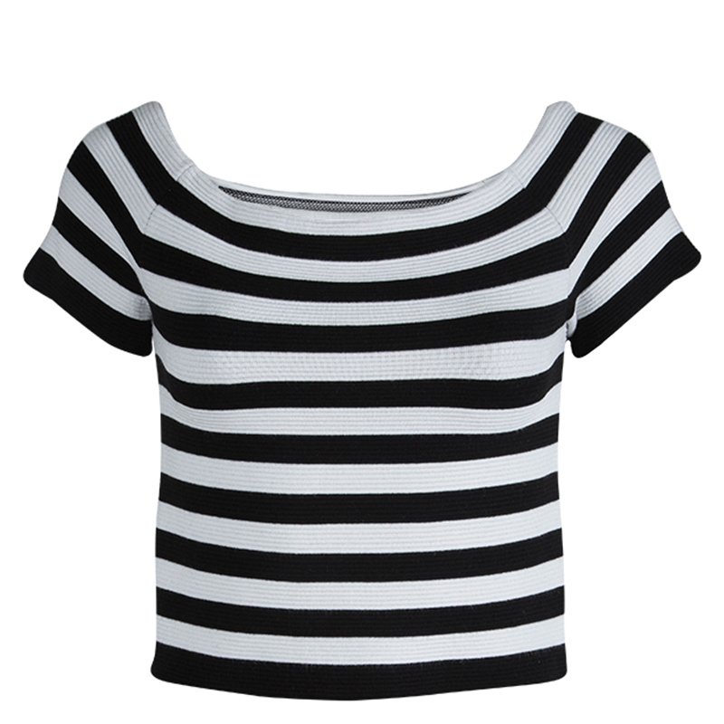 Pre Owned Alice +Olivia Monochrome Striped Rib Knit Cropped Top M