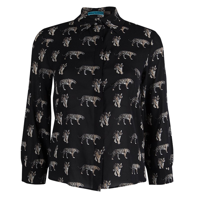 Pre Owned Alice + Olivia Black Tiger Printed Sheer Silk Cropped Shirt XS