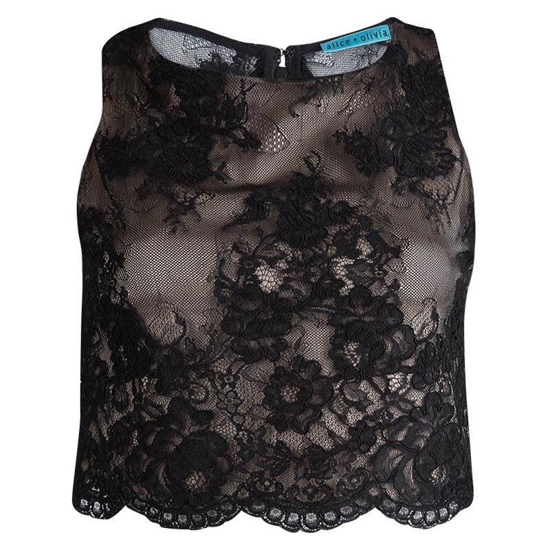 Alice + Olivia Black Scallop Lace Overlay Sleeveless Cropped Top XS