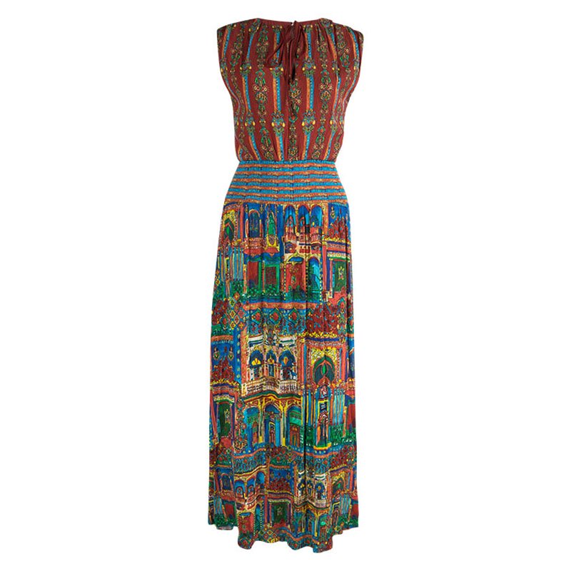 Alice + Olivia Multicolor Printed  Smocking Detailed Crushed Maxi Dress S