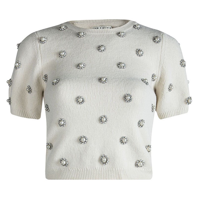 Alice + Olivia Off White Wool Bay Pearl Rhinestone Embellished Cropped Sweater S