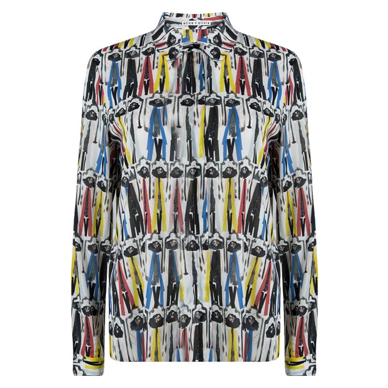 قميص آليس + أوليفيا ويلا حرير مطبوع متعدد الألوان بأكمام طويلة أزرار أمامية M
