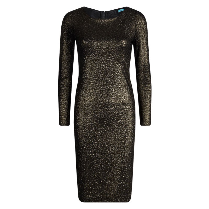 Pre Owned Alice + Olivia Textured Gold Knit Sheer Back Detail Long Sleeve Dress M