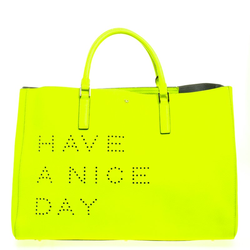 Pre Owned Anya Hindmarch Neon Green Leather Maxi Ebury Have A Nice Day Tote