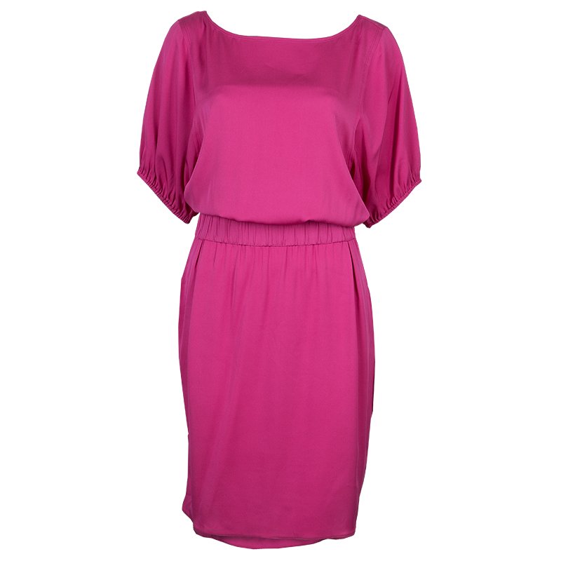 Pre Owned Armani Collezioni Pink Elasticised Waist Short Sleeve Silk Dress L