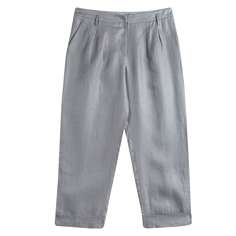 Armani Collezioni Grey Linen Wide Leg Trousers L