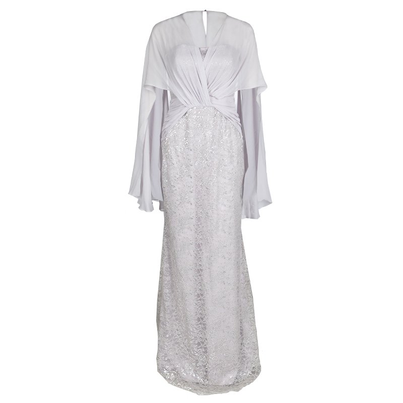 Badgley Mischka Purple Lace Shoulder Drape Detail Strapless Gown M