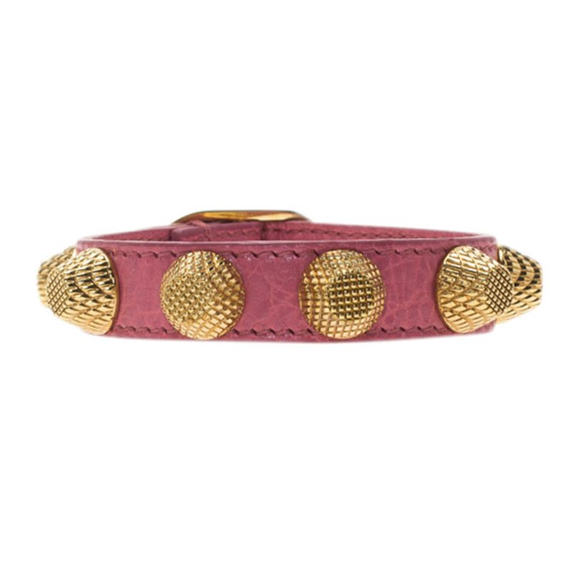 Balenciaga Arena Giant Gold Tone Studs Pink Leather Bracelet M