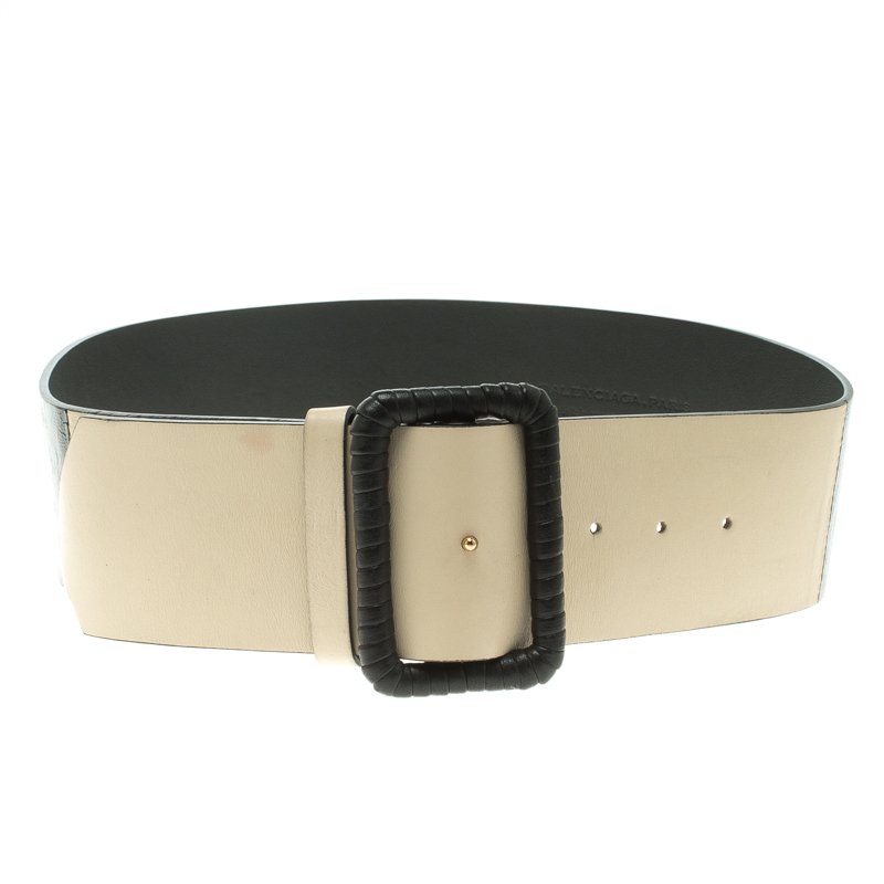 Pre Owned Balenciaga Black/Cream Leather Waist Belt 80 CM