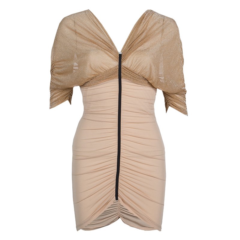 Pre Owned Balenciaga Beige Lurex Knit Ruched Off Shoulder Top S