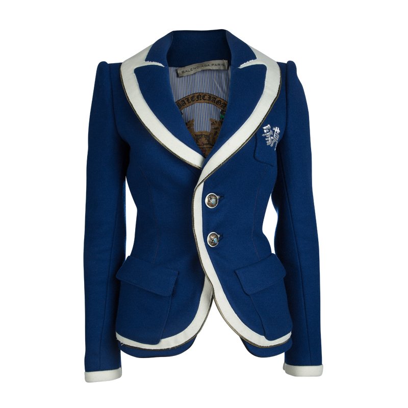 Pre Owned جاكيت بالنسياغا صوف أزرق بحواف متباينة M
