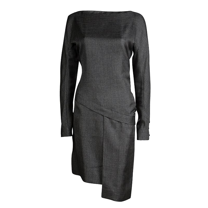 Pre Owned Balenciaga Metallic Grey Asymmetric Fitted Long Sleeve Dress M