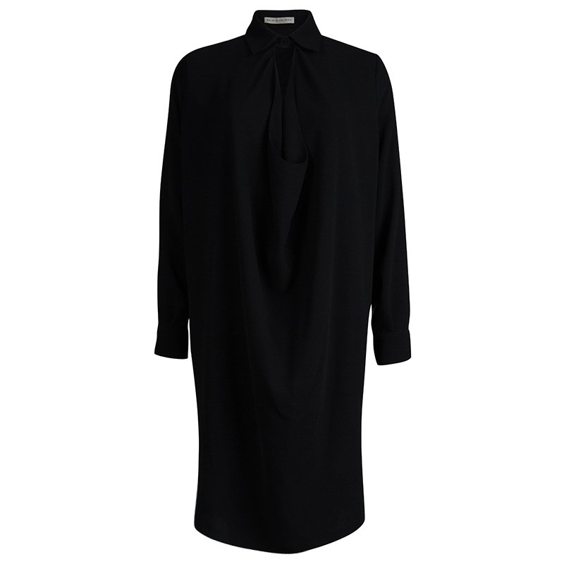 Pre Owned Balenciaga Black Draped Long Sleeve Shift Dress M