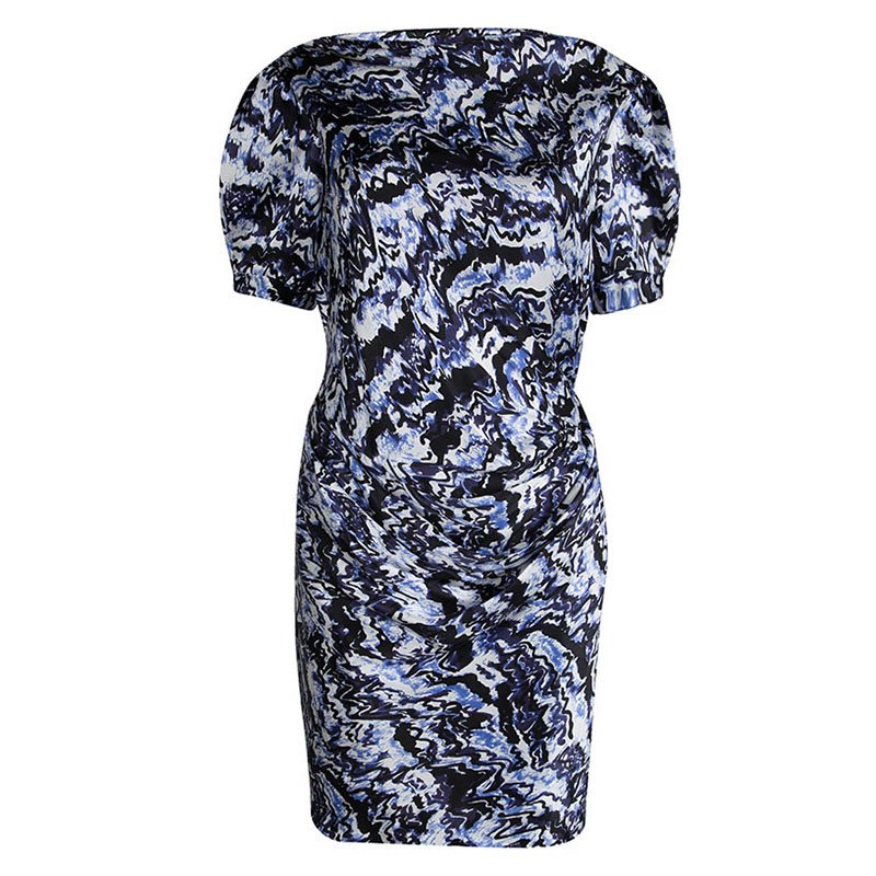 Pre Owned Balenciaga Blue Printed Silk Draped Short Sleeve Dress M