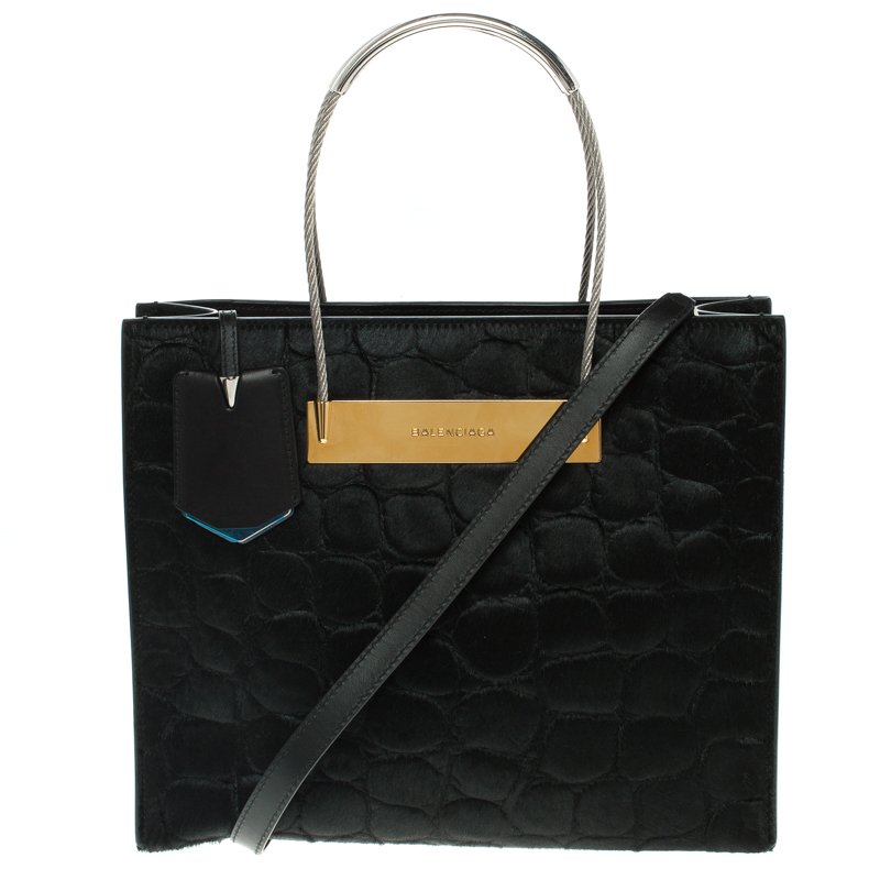 مملوكة مسبقًا حقيبة يد بالنسياغا كيبل شوبر شعر عجل نقش تمساح سوداء