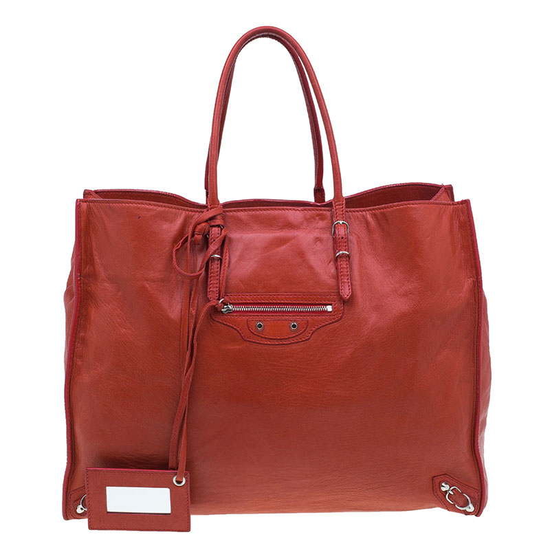Pre Owned Balenciaga Red Leather Papier A4 Tote