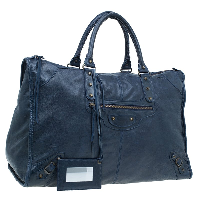 blue leather handbag