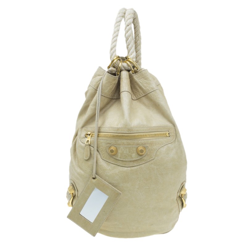 Balenciaga Cream Leather Motocross Bucket Backpack Bag