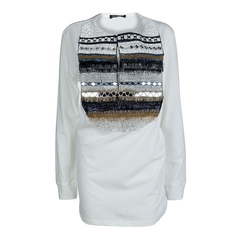 Pre Owned Balmain White Embellished Yoke Detail Long Sleeve T-Shirt M