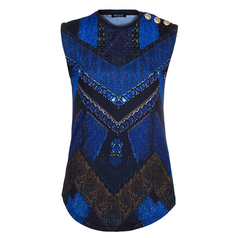 Pre Owned Balmain Blue Printed Sleeveless Tshirt S