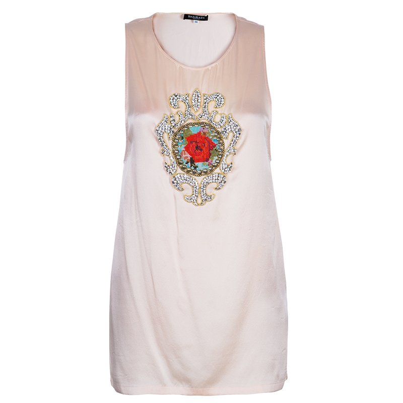 Balmain Pink Motif Embellished Sleeveless Silk Top S