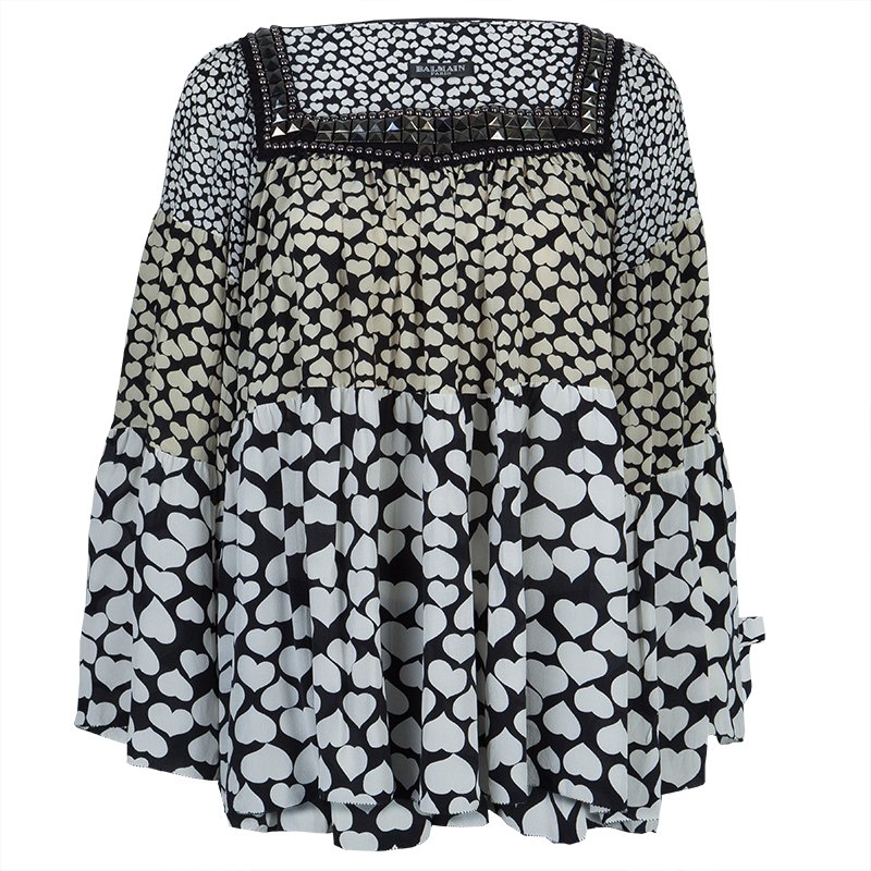 Pre Owned Balmain Monochrome Heart Print Studded Top L
