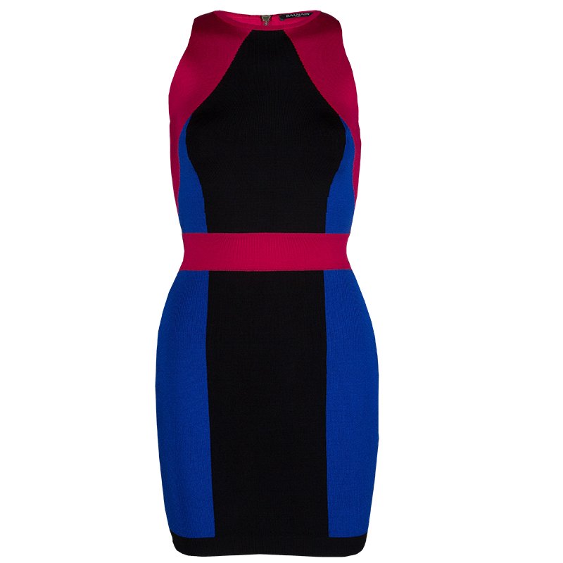 Pre Owned Balmain Abstract Color Block Sleeveless Bodycon Dress S