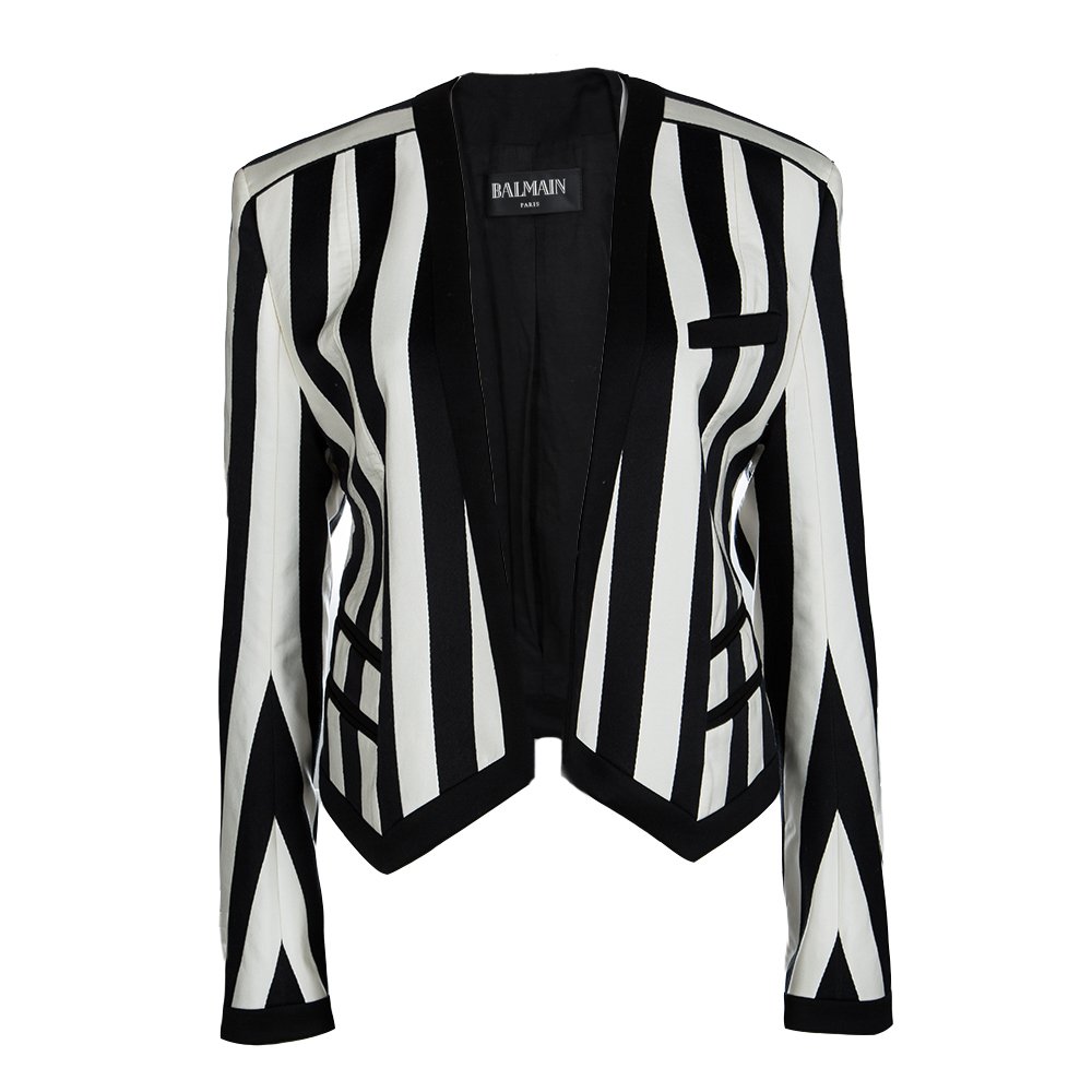 Pre Owned Balmain Monochrome Striped Open Front Blazer M