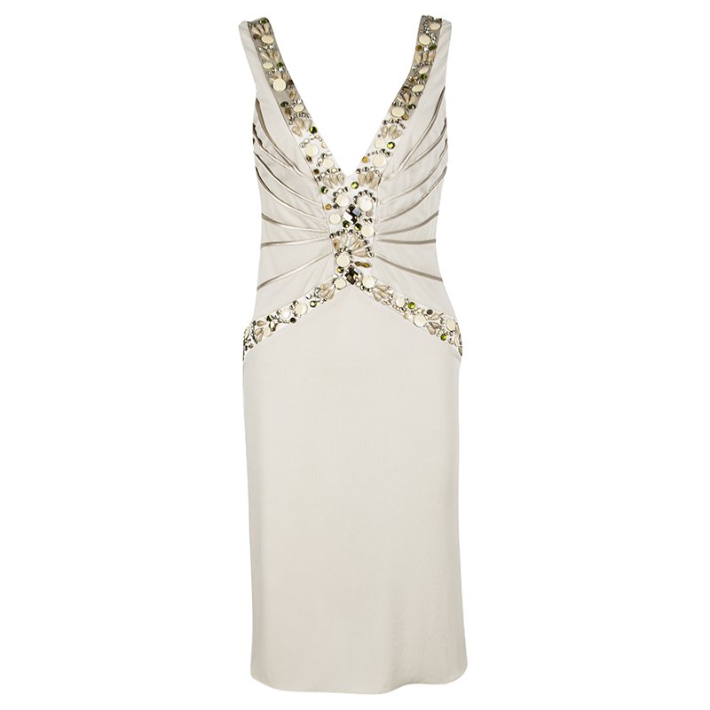 Pre Owned Blumarine Beige Silk Knit Swarovski Embellished Sleeveless Dress M