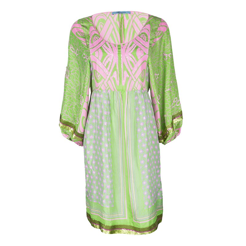 Blumarine Green and Pink Printed Silk Sequin Embellished Long Sleeve Tunic M